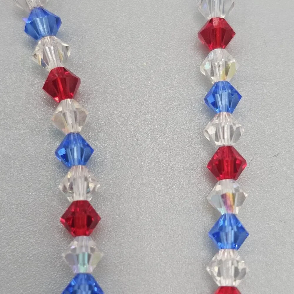 Red White Blue Necklace Aurora Borealis Square Crystal Bead Iridescent 22 in - Picture 6 of 8